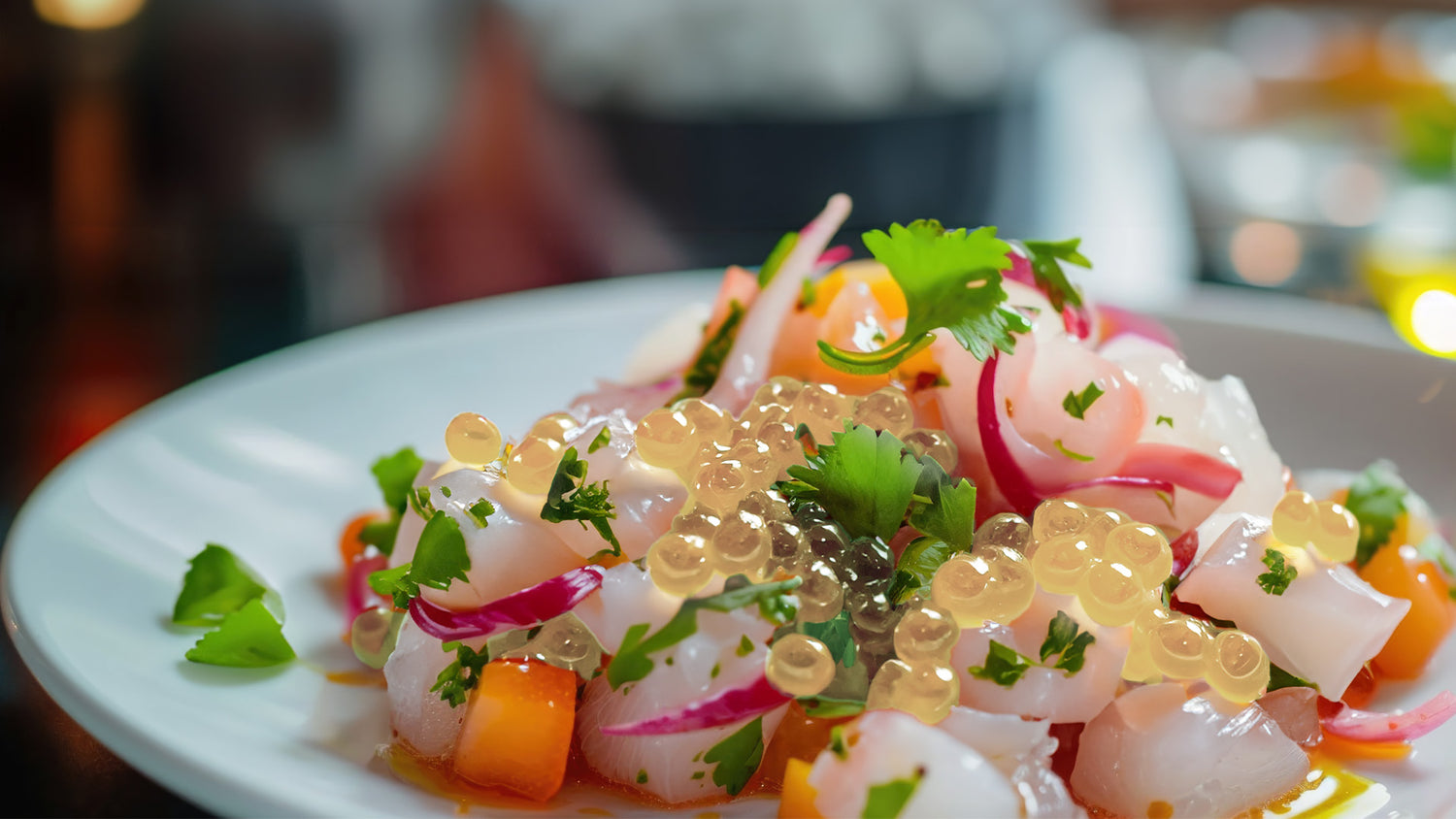 Ceviche de Langostinos con Esferas de Yuzu