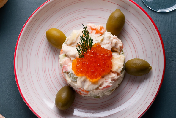 Russian salad with trout roe – Spherika