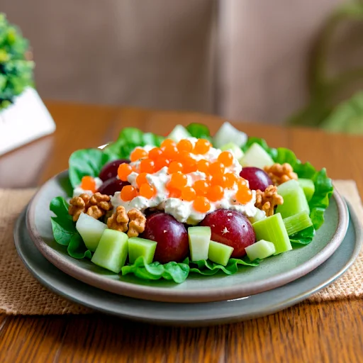 Ensalada waldorf con esferas de salmón