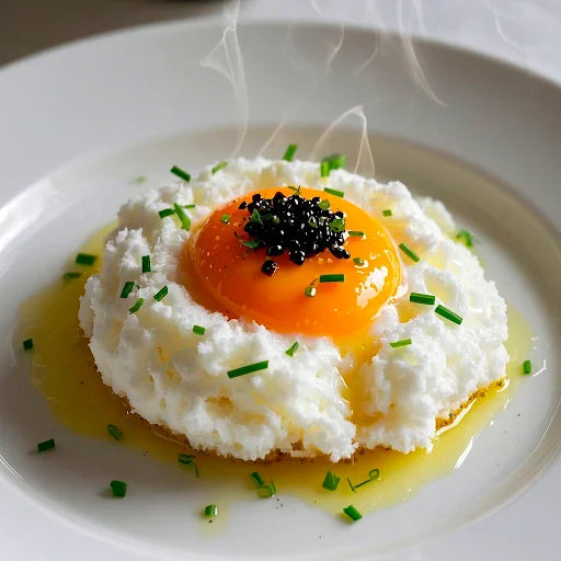 Huevos nube con esferas de pescado