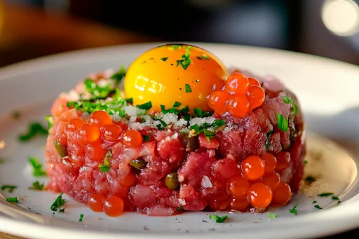 Steak tartar con esferas de chile