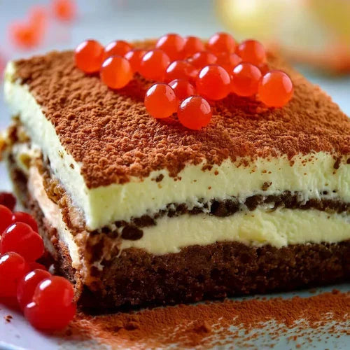 Tiramisú con esferas de sabores